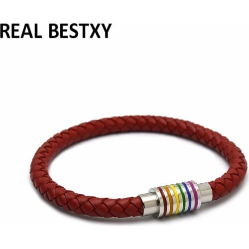 5pcs/lot Black Brown Genuine Braided Leather Bracelet Women Men Stainless Steel Gay Pride Rainbow Magnetic Charms Bracelet Gift