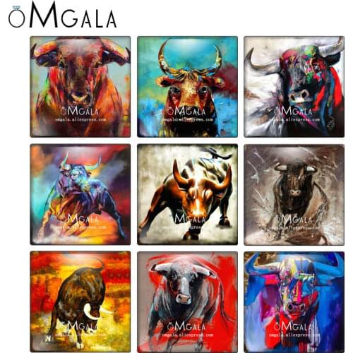 Watercolor Power Bull Animals Art Paintings 10pcs mixed 12mm/20mm/25mm/30mm photo glass cabochon demo flat back Making findings