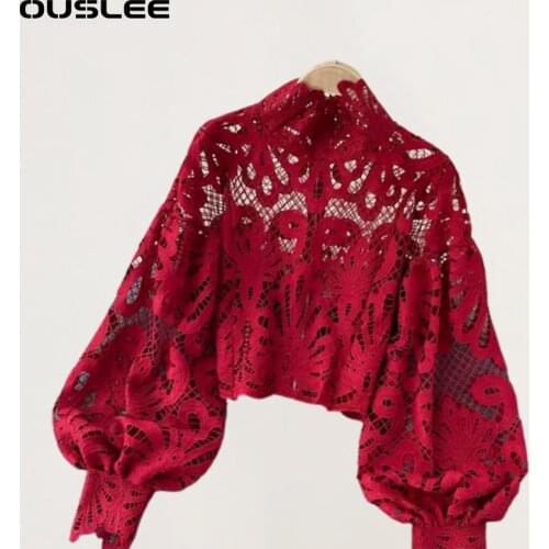 OUSLEE Blouse Shirt Women Summer Lace Hollow Out Blouses Female Tops and Blouses Office Ladies Sexy Black Lantern Sleeves Shirts