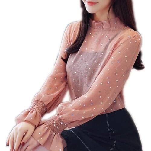 Fashion Print Sequined Women Blouses 2019 Long Flare Sleeve Chiffon Shirts Female Short Perspective Blouses Stand-Collar Q1209