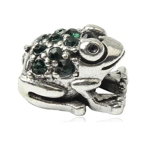 5PCS New Arrivals Green Crystal Silver Plated Frog European Alloy Bead Charm Fit Snake Bracelet & Bangle Jewelry Making Findings