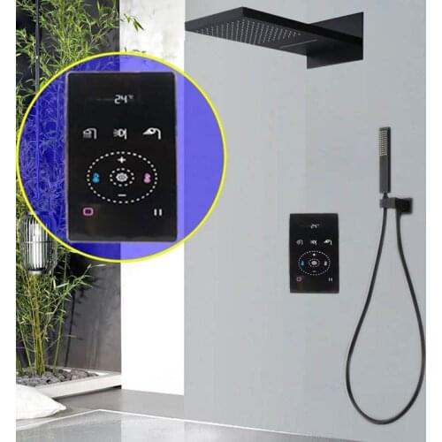 Thermostatic Shower Panel Wall Mounted Smart Screen Shower System Set Digital Valve Black Showerhead Rain Waterfall 550X230mm