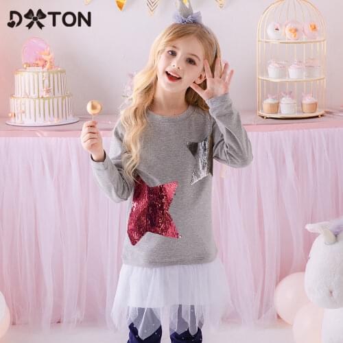 DXTON Long Sleeve Girls T-shirts Winter Baby T-shirts For Girl Star Sequined Children Clothing Kids Sweatshirts Casual Wear 3-8Y