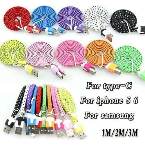 Flat Braided Wire USB Cable Sync Nylon Woven Charger Cords 1M/2M/3M 2 3 m long micro 5pin 8pin For iPhone 8 7 6 5 samsung 100pcs