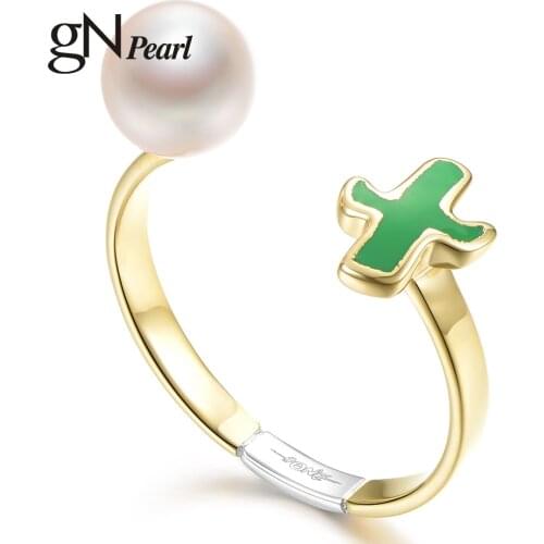 GN Pearl Cactus 18K Gold Plate Rings gNPearl 6-7mm Real White Natural Freshwater Pearl Ring Fine Jewelry for Women Girls Gift