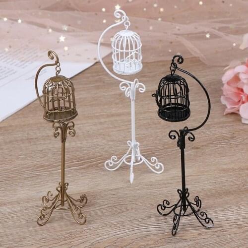 3 Colors 1:12 Mini Dollhouse Metal Bird Cage Model With Holder Alloy Miniature Decorations Modern Home Room Crafts