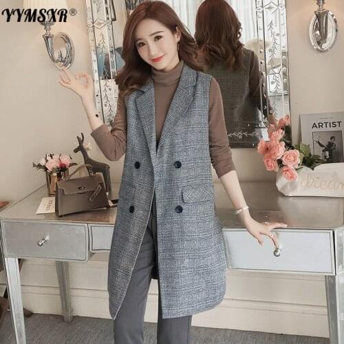 Fashion Temperament Womens Vest Suit 2021 New Spring and Autumn Double-breasted Long Ladies Jacket Plaid Coat Women