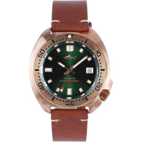 Heimdallr Bronze Diver Mechanical Watch Mens Leatrher Automatic Self Wind Watches NH35 200m Waterproof Green Dial Wristwatches