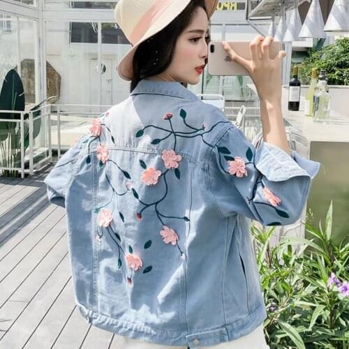 New womens Korean version student Loose Embroidered jeans jacket coat woman clothes