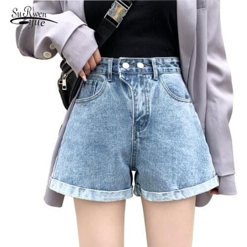 New Womens Denim Shorts Classic Caual Summer Ladies Shorts Jeans for Women Vintage High Waist Blue Wide Leg Female 9517