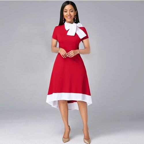 Autumn Women Fashion Casual High Waist Solid Bow Christmas Party Dress Vintage Short Sleeve Asymmetrical Dress Vestidos