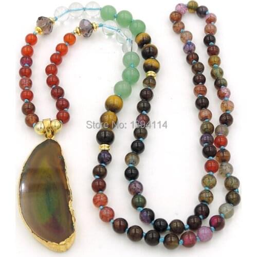 Breen Agat e Slice Pendants Necklaces Clear Quartz Green Aventurine Tiger Eye Round Beads Knot Handmade
