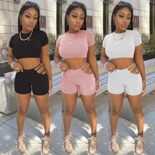 Casual Solid Sporty Fitness Short Tracksuit Women Streetwear O Neck T Shirt Crop Top + Hollow Out Biker Shorts Two Piece Set