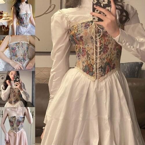 Vintage Print Sexy Corset Crop Top Womens Summer Floral Slim Bustier Band Tank Tops Fashion with Straps for Party