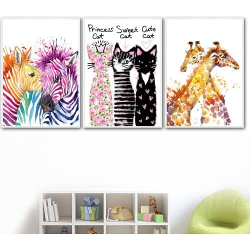 Cute Watercolor Zebra Cat Giraffe Flower Animal Wall Art Canvas Painting Nordic Posters And Prints Wall Pictures Kids Room Decor