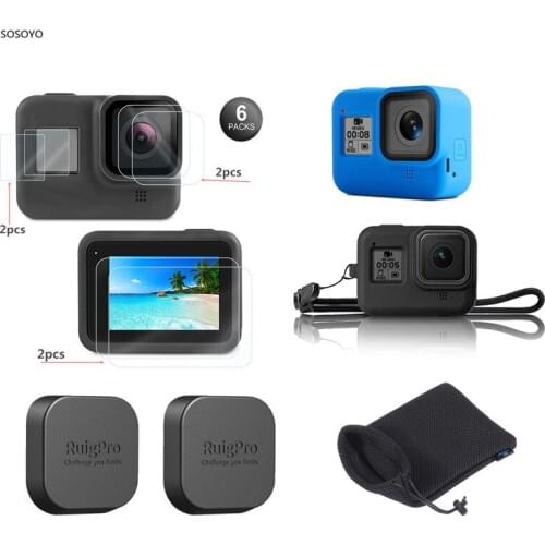 11 in 1 Silicone Case Lens Cap HD Tempered Glass Protector Film Storage Bag Set For Gopro Hero 8 Black Action Camera Accessories