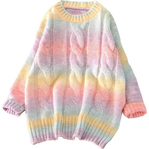 Women Spring Autumn Wool Sweater 2021 Rainbow Striped Knitted Sweaters Tie Dye Pullover O-Neck Long Loose Oversized