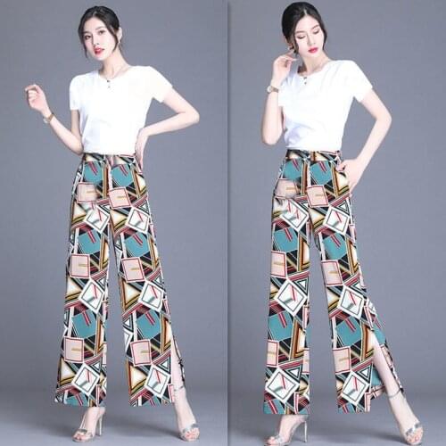 Plus Size Sets Single/Suit Cotton T-Shirt+Chiffon Print Wide Leg Split Fork Pants Sets Summer Drape Pant Two Piece Set Women 360