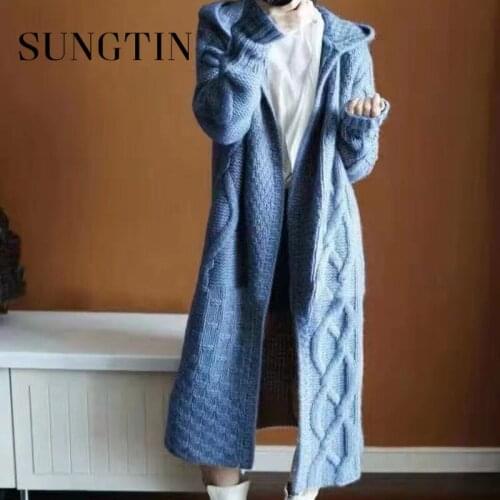 Sungtin Korea Oversize Twist Hooded Knitted Cardigan Women Lazy Style Vintage Causal Sweater Female Fashion Elegant Outwear 2021