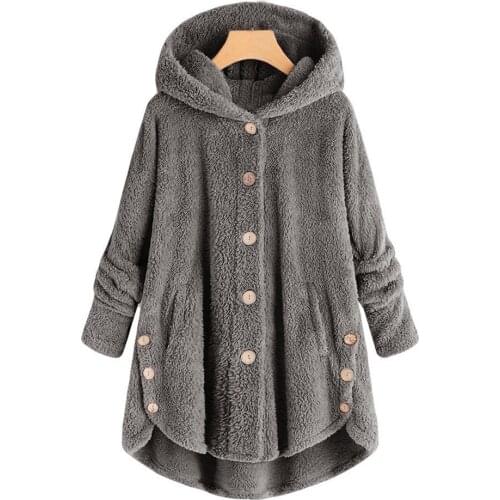 Women Fluffy Coat Winter Casual Loose Solid Button Irregular Fleece Hooded Teddy Wool Coat Female Cute Warm Outwear Big Size 5XL