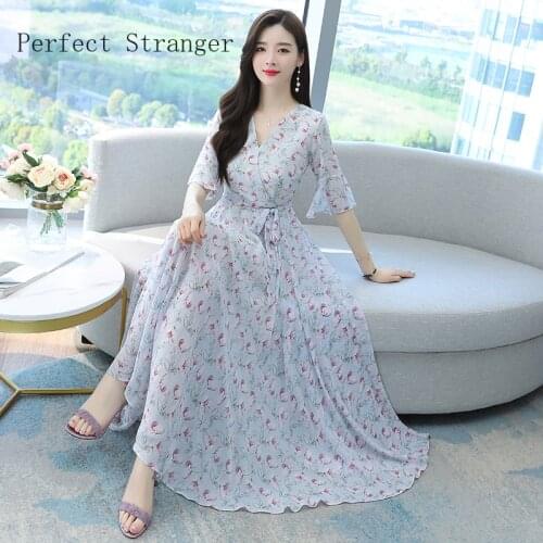 High Quality 2021 Summer Dress For Women V Collar Floral Printed Short Sleeve Women Chiffon Long Dress