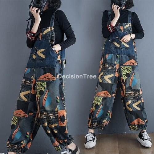 2021 drop crotch jean jumpsuits women baggy printed wide leg overalls cargo denim cross pants hip hop rompers pantalon palazzo