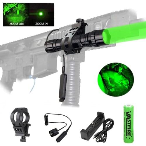 300 Yards Zoomable Led Lanterna Green Tactical Flashlight Predator Varmint Hog Hunting Torch+18650+Charger+Remote Switch+Mount