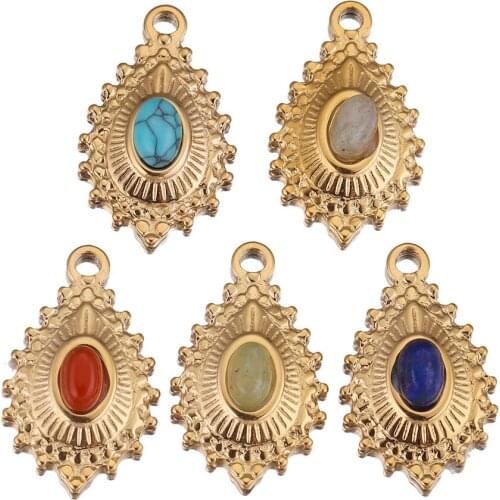 5pcs Stainless Steel Gold Drop Oval Charms Natural Stone Pendants for Women Necklace Jewelry Making Findings Wholesale