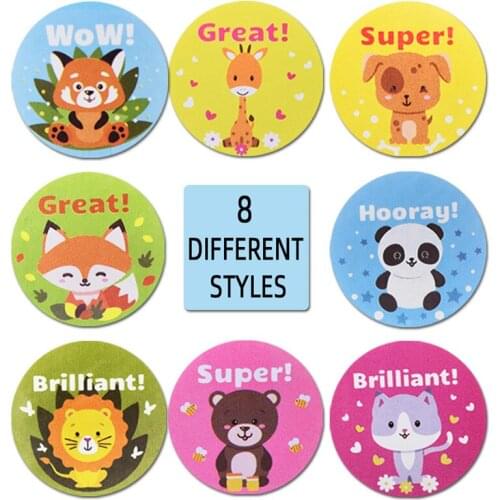 8 Different Cartoon Animals Stickers 500pcs/roll Reward Words Stickers for Teacher Encourage Student Kawaii Sticker for Kids Toy