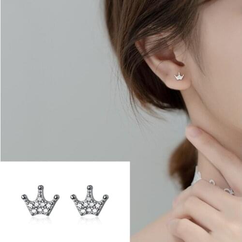 925 Sterling Silver Gold-Plated CZ Zirconia Paved Crown Post Stud Earrings A1286