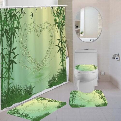 Bamboo Bath Curtain Beautiful Green Landscape Shower Curtain Set Entrance Outdoor Pedestal Rug Toilet Mat Set Shower Curtain Set