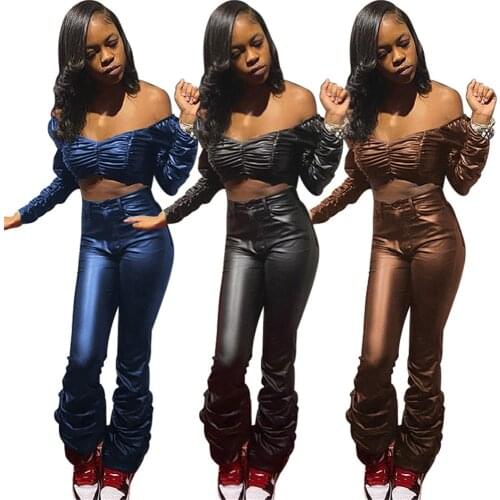 Black PU Leather Sexy Two Piece Set Women Clothes 2020 Winter Club Outfits Cropped Top + Stacked Pants Suit Ensemble Hiver Femme