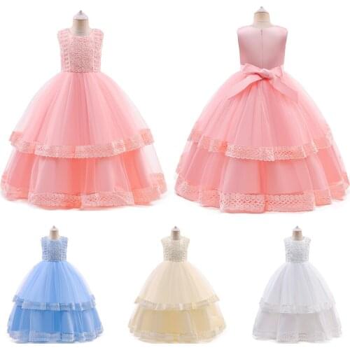 Kids Girls Embroidery Mesh Dress Elegant Party Wedding Clothing Princess Dress 4-14 Years