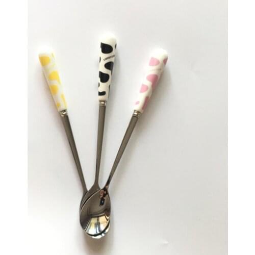 Free shipping (3pcs/lot) Cute Long Ceramic Handle Stainless Steel Coffee/ Tea Spoon178mm Stirring Soup Spoon party favor/gift