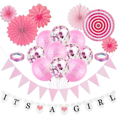 It’s A Girl Or Boy Gender Reveals Latex Balloon Wavy Pattern Pink Banner Paper Fan Flower Set Baby Shower Party Decoration ww64
