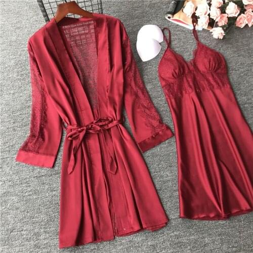 Foply 2020 Womens New Faux Silk 2 Piece Gown Robe Pajamas Set Ladies Lace Sexy Summer Spring Sling Nightgown Robe Home Wear