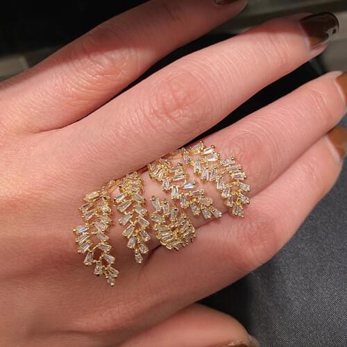 Golden Leaf Ring Brand Design Fashion Wedding Jewelry For Women Cubic Zirconia Rings Luxury Opening Rings With CZ Stone