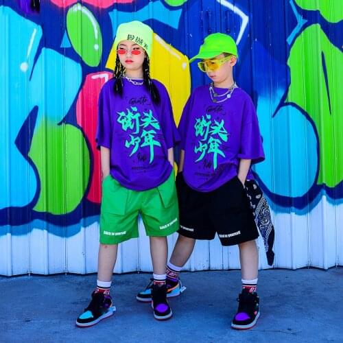 2021 Jazz Performance Costumes For Kids Loose Short Sleeved Shorts Boys Girls Hip Hop Clothing Modern Dance Rave Clothes DQS7318