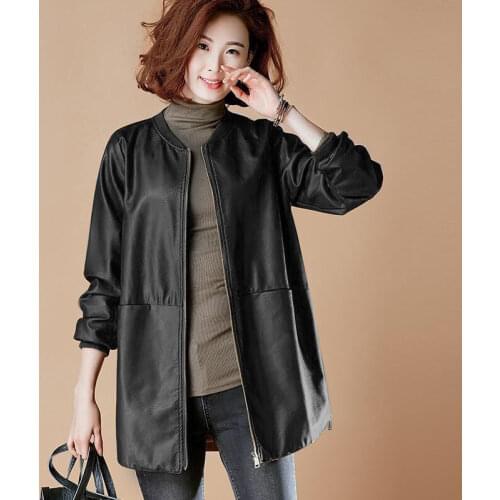 New Autumn Winter Womens Leather Jacket Casual O Neck Basic Plus Size Female Faux Coat Black Loose PU Leather Baseball Outwear