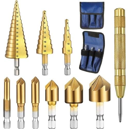 GTBL 10Pcs Step Drill Bit Set 1/4 Inch Hex Shank 5 Flute Countersink Drill Bit Set with Automatic Spring Loaded Center Punch