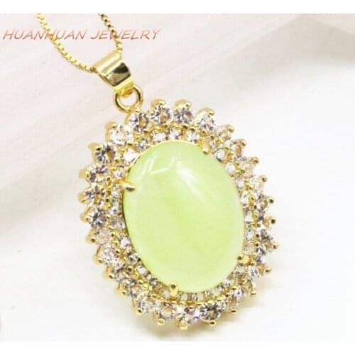 Natural Green Stone Jades Pendant Gold-Color Copper Zircon Chain Necklace For Women 28x37mm Chalcedony Pendants Jewelry B3314