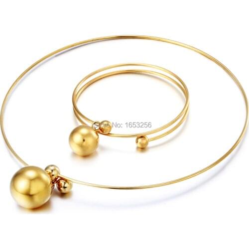 Lastest Style Gold Stainless Steel Big Ball Charms Bangle Bracelet + Necklace collar Women Party Jewerly Set