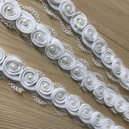 New 3D White Beaded Lace Trim Rose Pearl Exquisite Floral Wedding For Children Dress, Sewing Accessories 3 Yards