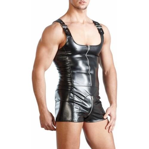 CFYH New PU Leather Men Sexy Bodysuit Faux Latex Male Erotic Jumpsuit Club Stage Costume Gays Sex Lingerie Adult Products