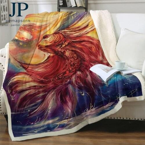 Fishes by Jp.pemapsorn Bed Blanket Goldfish Soft Sherpa Blanket Koi Fluffy Plush Bedspreads Watercolor Art Linen Blanket 150x200