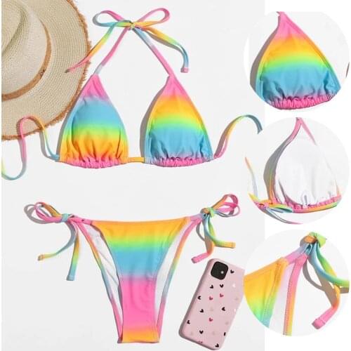 2021 Sexy Two Piece Bikinis Women Swimsuit Sexy Rainbow Tie-dye Print Bikini Set Bandage Thong Swimwear Bathing Suit Beachwear