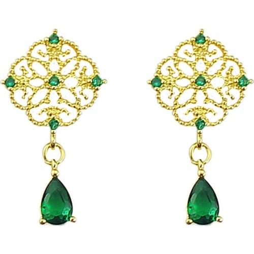 New Retro Emerald Lace S925 Sterling Silver Needle Gold-plated Earrings Earrings Female Temperament Elegant Antique Earrings