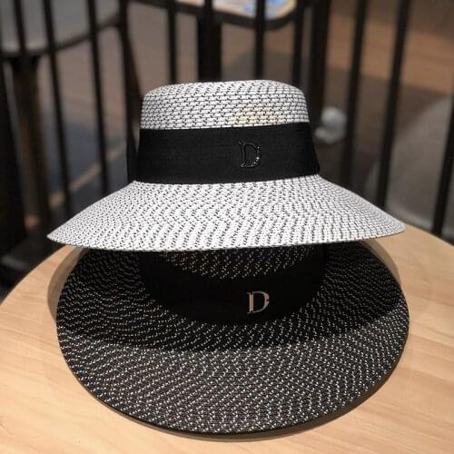D Letter Round Flat Top Straw Beach Hat Lady Boater Sun Caps Panama Straw Fedora Womens Travel Sun Cap