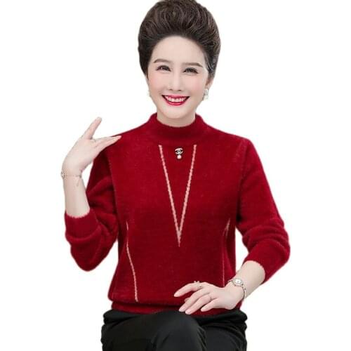 Mother Imitation Mink Cashmere Sweater 2021 New Autumn Winter Loose Elegant Pullovers Middle Aged Women Knitted Jumper Full 2416