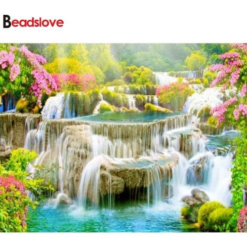Spring landscape waterfall flower Diamond Painting DIY 5D Full Square round Diamond Embroidery Diamond Mosaic art Cross Stitch